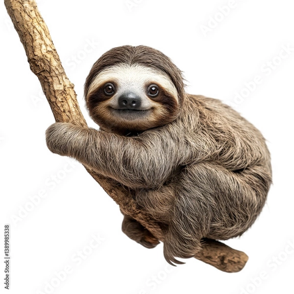 Fototapeta Cute Sloth Relaxing on Tree Branch in a Lush Green Environment on white background
