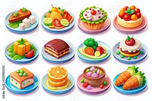 Fototapeta Cute Isometric Game Food Plate Graphics: 9 Delicious Assets for Casual Game Design