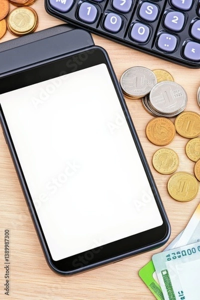 Obraz Mobile payment terminal with blank screen, coins, credit cards, calculator on wood surface. Enhance ecommerce business efficiency today.