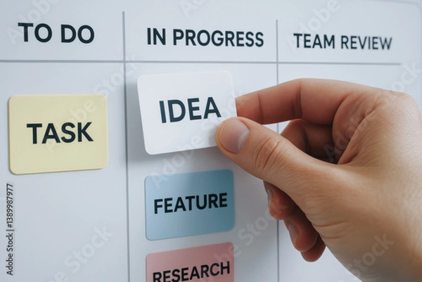 Fototapeta A closeup fingers dragging an idea card labeled 'idea' onto a digital whiteboard column for team review showcasing effective business strategy in action