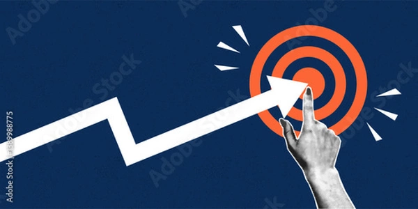 Fototapeta Collage with halftone hand, target and arrow chart hitting the center. Concept of reaching the goal in business. Modern collage design. Vector.