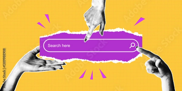 Fototapeta Search page in collage style with halftone hands pointing to search bar. Collage style search page in background with torn paper with halftone arms. Vector.