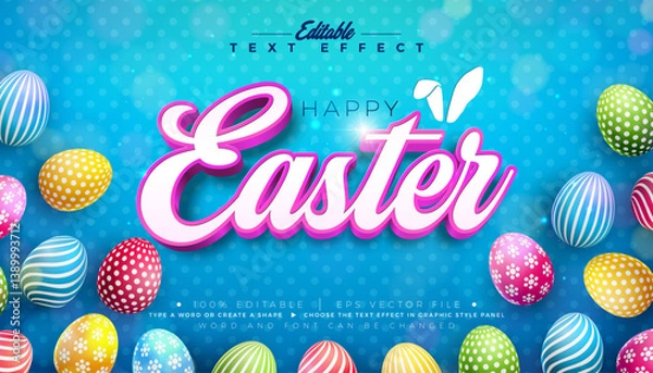Fototapeta Happy Easter 3D Text Effect Design. Editable and Scalable Vector Graphic Style Effect with Colorful Painted Egg and Typography Lettering Blue Background. Spring Religious Holiday Illustration Template