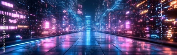 Fototapeta Futuristic cityscape with a glowing digital corridor illuminated by vibrant pink, purple, and blue colors to signify high-tech, cyber, and immersive atmosphere