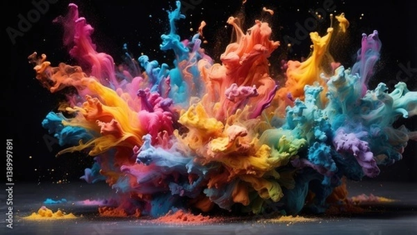 Fototapeta An explosion of vibrant colored powders and smoke captured against a black background.