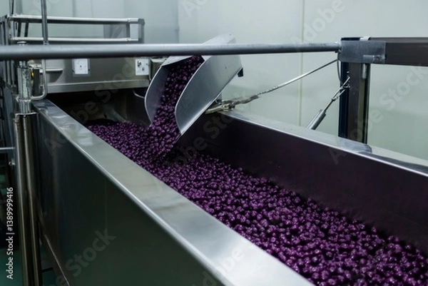 Obraz Industrial production line of frozen acai pulp in factory, stainless steel equipment, clean and modern