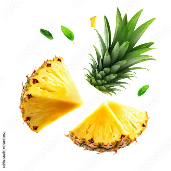 Fototapeta A vibrant pineapple with slices showcasing its juicy yellow flesh and green leaves, symbolizing freshness and tropical flavor.