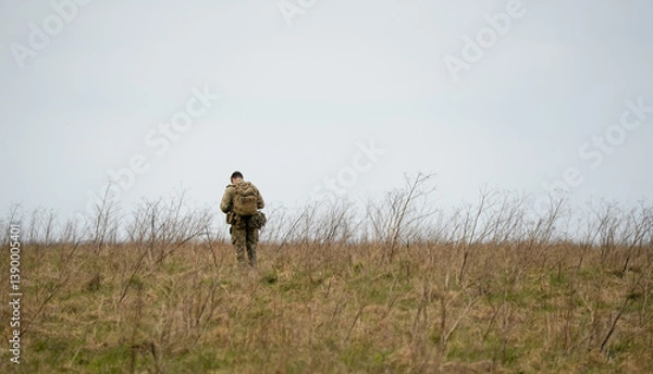 Fototapeta British army soldier tabbing with 25Kg bergen in countryside