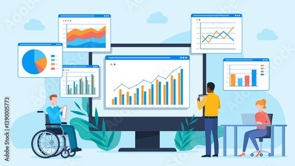 Fototapeta One person is in a wheelchair, another stands with a tablet, and the third sits at a desk with a laptop. Illustration graphic of three people analyzing various charts and graphs on a monitor. 