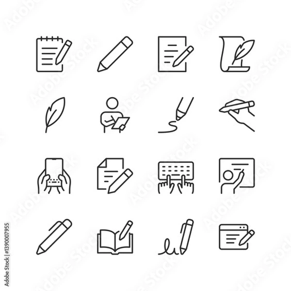 Fototapeta Writing and Note Taking, linear style icon set. Handwriting, digital note-taking, signatures, documentation. Pen, paper, typing, creative writing and content creation tools. Editable stroke width.
