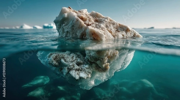 Fototapeta An underwater perspective of a submerged iceberg in a calm sea, beautifully reflecting the chilling beauty of nature and the pressing issue of climate change effects on our planet.