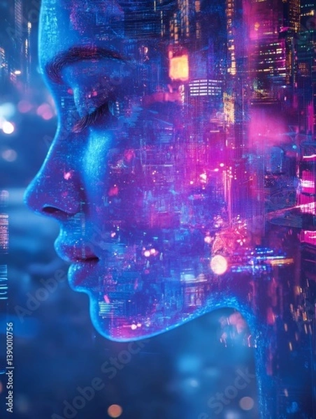 Fototapeta Digital artwork of a female face in close up with eyes closed, symbolizing fusion of humanity and technology