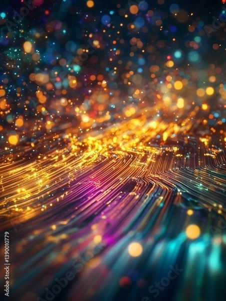 Fototapeta Abstract digital background showcasing glowing circuit lines in golden yellow, pink, teal and blue colors, with scattered bokeh lights. Symbolize high tech, dynamics, cyberpunk aesthetic