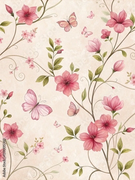 Fototapeta Delicate Floral Pattern with Butterflies on a Light Beige Background