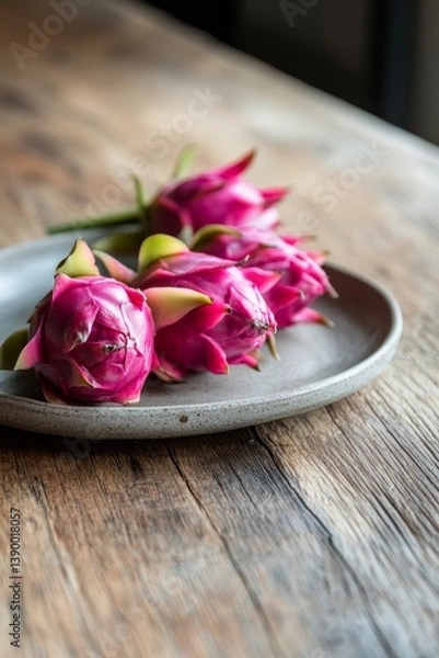 Obraz Vibrant and Detailed View of Fresh Dragon Fruit on Plate Over Rustic Wooden Table in Natural Setting