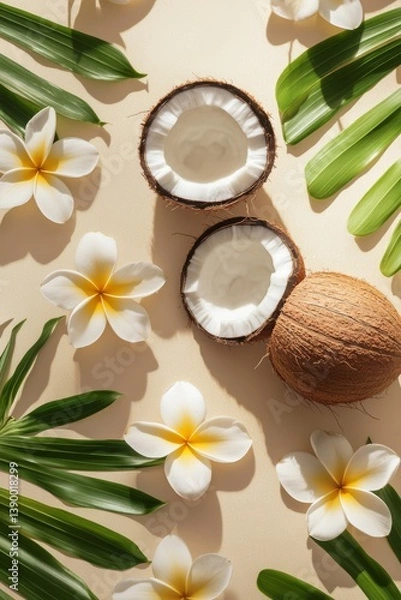 Obraz Vibrant flat lay arrangement featuring tropical coconuts, plumeria flowers, and lush leaves on a beige backdrop with natural sunshine and gentle shadows