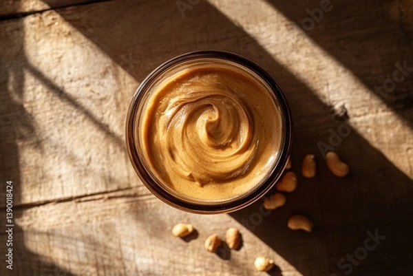 Fototapeta Vibrant Flat Lay of a Peanut Butter Jar with Swirling Pattern and Scattered Peanuts on a Wooden Table Under Warm Sunlight Shadows