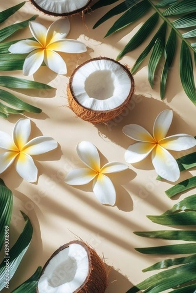 Obraz Vibrant tropical scene featuring coconuts halves with plumeria blossoms and lush green leaves on a beige backdrop