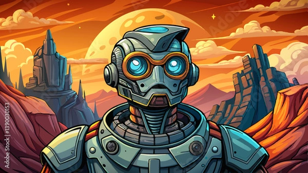 Fototapeta Robot portrait on an alien rock formation under a strange colored sky, alien banner in the desert