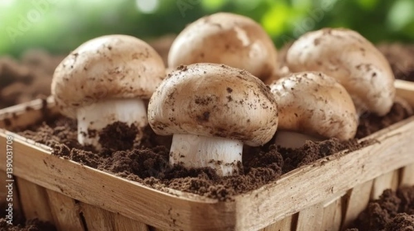 Fototapeta Fresh button mushrooms in wooden crate on soil