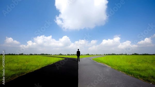 Fototapeta A road with two diverging paths, one leading to the left and the other to the right, symbolizing choices and different directions in life.
