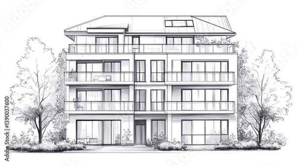 Fototapeta Modern building architectural sketch, urban facade, contemporary design, potential for rendering, exterior design