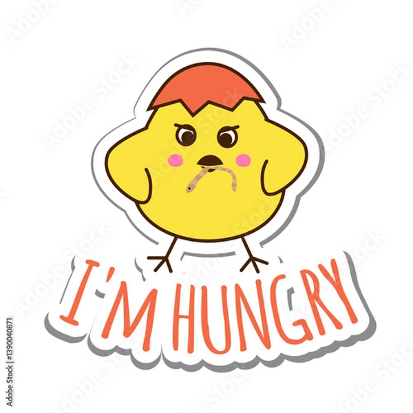 Obraz Sticker with cute hungry yellow chicken in eggshell with a worm in its beak. Postcard vector illustration isolated on white background.