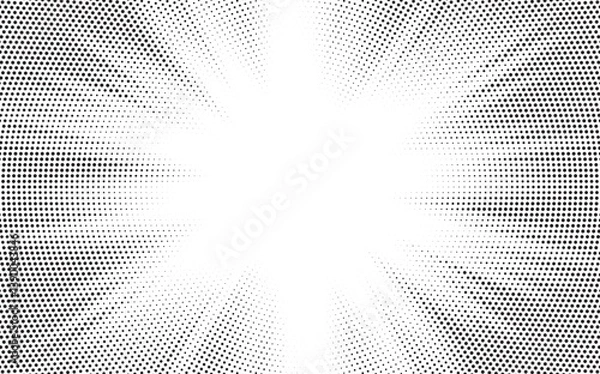 Fototapeta Halftone gradient sun rays pattern. Abstract halftone vector dots background. monochrome dots pattern. Vector background in comic book style with sunburst rays and halftone. Retro pop art design.