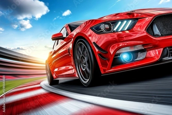Fototapeta Dynamic red sports car racing on a track, sleek design, high speed, excitement and adrenaline, vibrant sunset background.