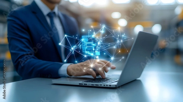 Fototapeta A businessman skillfully navigating a complex digital network, seamlessly connecting data points on his laptop, glowing with technological innovation and potential.