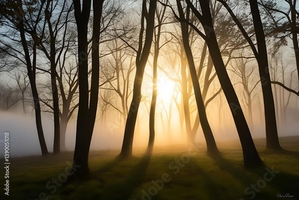 Obraz Branches of trees, backlit with sunlight shining through, mist is glowing softly, sunset in the forest, forest background