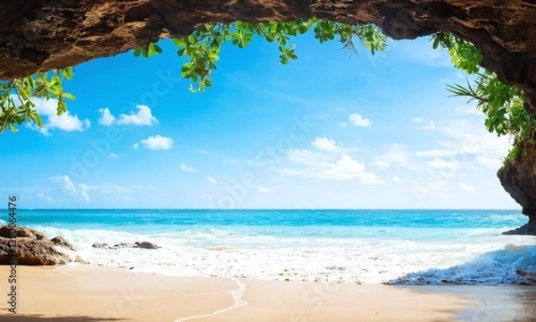 Obraz Tranquil beach view from a cave showcasing blue ocean and clear sky during a sunny day