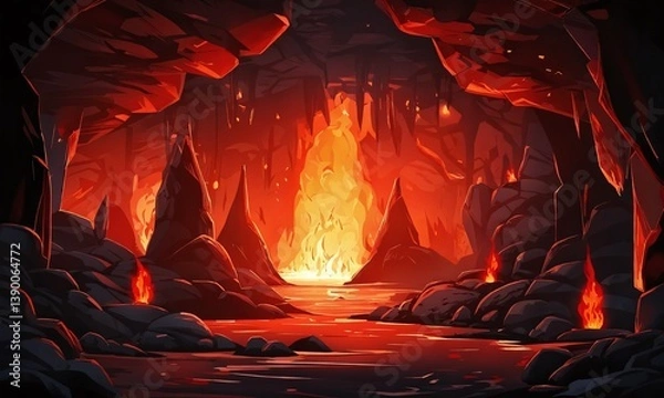 Obraz Dramatic underground cavern with molten lava illuminating rocky landscape at dusk
