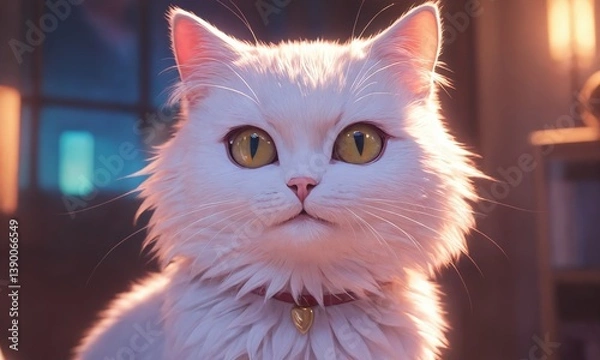 Obraz Fluffy white cat with captivating eyes gazing curiously in a cozy indoor environment during the evening