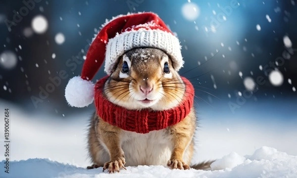 Obraz Cute squirrel in festive hat and scarf enjoying a snowy winter scene during the holiday season