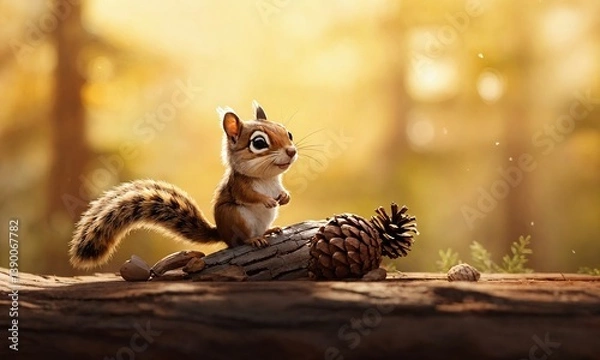 Obraz Adorable squirrel plays in the forest with pine cones during sunny afternoon light