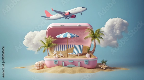 Fototapeta Airplane flying above pink suitcase with beach scene inside on a light blue background scene