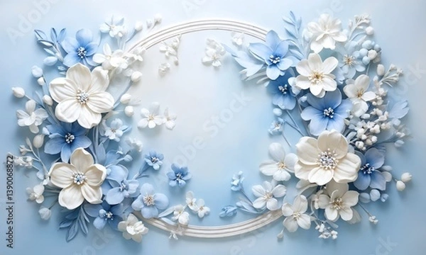 Obraz Colorful floral arrangement in shades of blue and white on a soft blue background with decorative elements