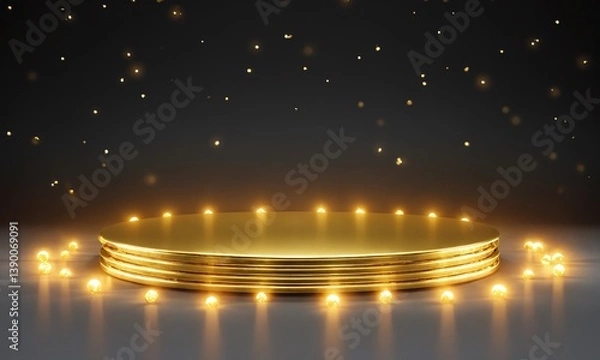 Obraz Golden platform illuminated by sparkling lights in a darkened venue during an elegant event celebration
