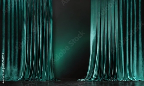 Fototapeta Rich green silk curtains create an elegant backdrop for a performance or presentation venue