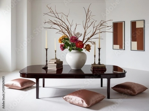 Fototapeta architecture white room with oriental style and pink gold pillow