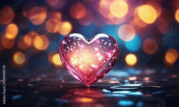 Obraz Heart-shaped crystal with sparkling lights glimmering in a blurred colorful background during nighttime