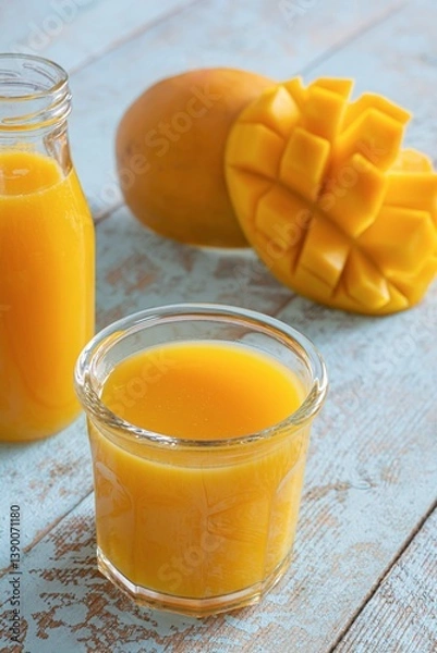 Obraz Fresh mango juice in a glass glass with mango slice on blue wooden background. Exotic drink, Trending colors.