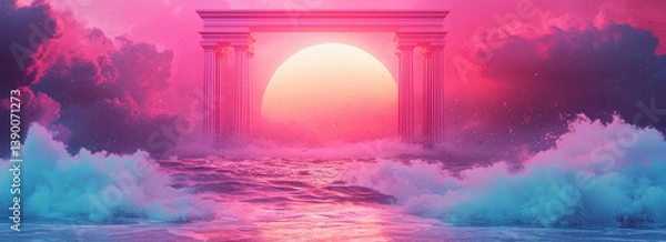 Fototapeta surreal sunset scene with vibrant pink and purple clouds, glowing sun, and ocean waves crashing against classical columns