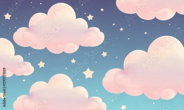 Fototapeta Soft pink clouds drift under a twilight sky dotted with shining stars, creating a dreamy atmospheric backdrop for nighttime