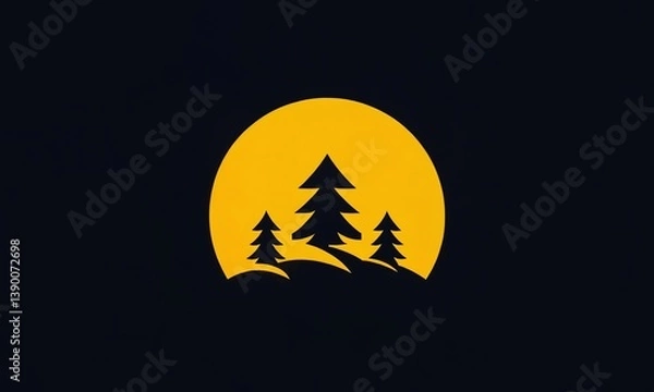 Obraz Sunset silhouette of trees against a vibrant yellow sky at dusk in a serene outdoor setting