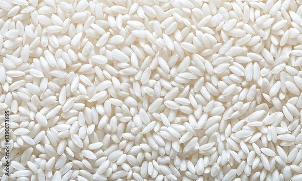 Obraz White rice grains arranged closely, showcasing their smooth texture and natural shine under bright lighting