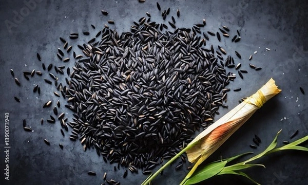 Obraz Black rice and green herb arranged on a dark surface displaying natural texture and earthy colors for culinary inspiration