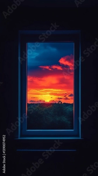 Fototapeta Sunset through the window of a room with a cloudy sky.