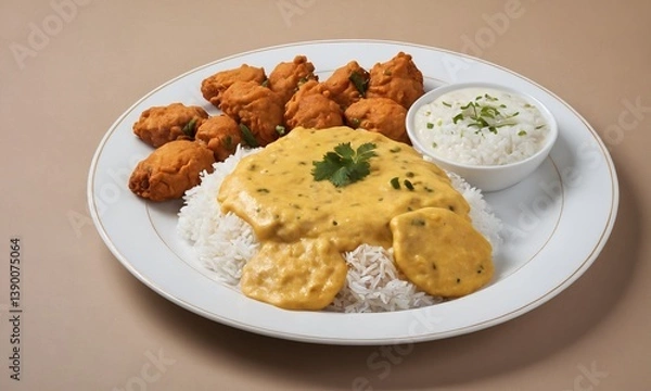 Fototapeta Delicious plate of rice with creamy sauce and crispy fried chicken in a casual dining setting